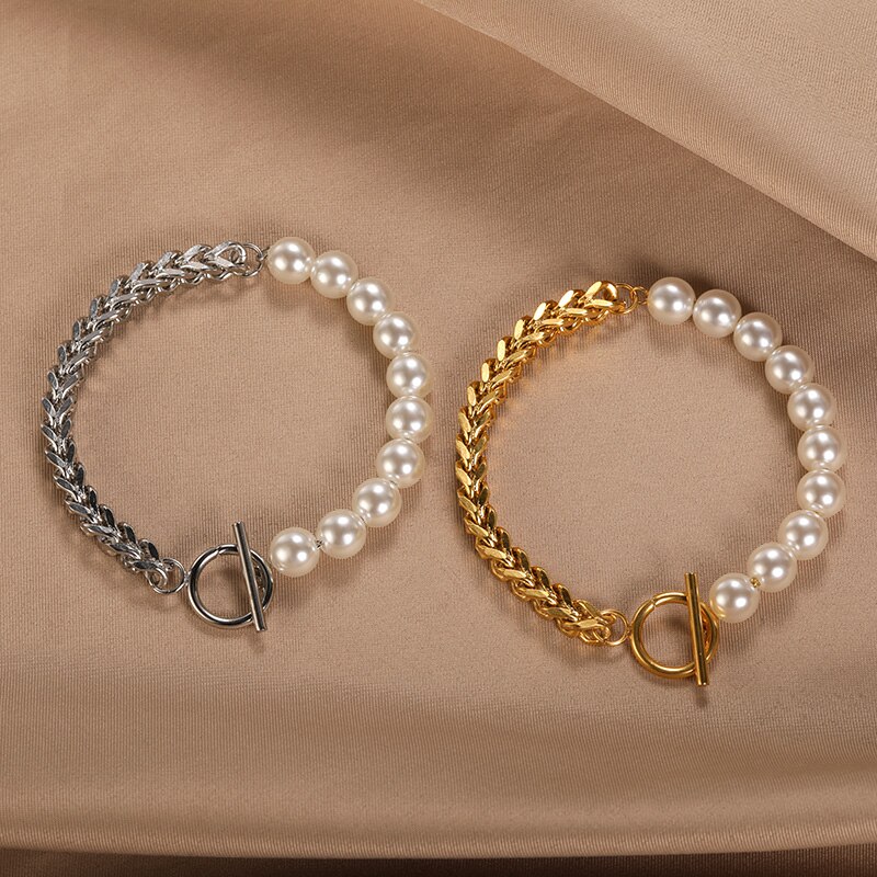 2022 Fashion Pearl Thick Chain Bracelet For Women Stainless Steel Chunky Bracelets Retro Gothic Statement Jewelry Party Gifts