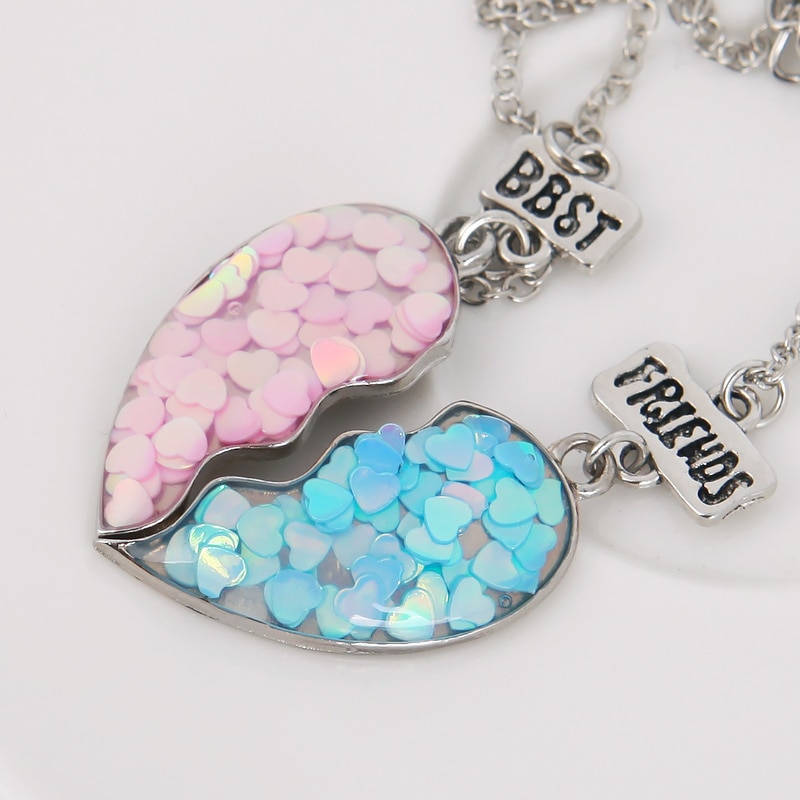 2Pcs/set Best Friends Necklaces Sequin Heart Broken Stitching Pendant Chain Necklace BFF Friendship Jewelry Gifts For Girl Women