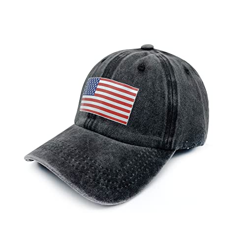 Waldeal American Flag Hat for Boys Girls, Adjustable Washed Distressed USA Flag Baseball Cap Black