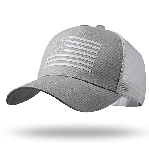 American Flag Trucker Hat - Snapback Hat, Baseball Cap for Men Women - Breathable Mesh Side, Adjustable Fit - for Casual Wear Gray/White