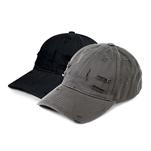 2 Pcs Unisex Vintage Distressed Baseball Cap Washed Cotton Adjustable Baseball Hat Low Profile Dad Hat, Black&Gray