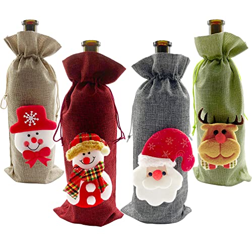 4 Pcs Christmas Wine Bottle Bags,for Wine Bottles Gift Bulk, Santa Clause, Snowman & Reindeer Drawstring Bags,Vintage Wine Bottle Gift bags,for Christmas Party Decor