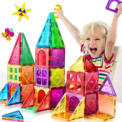 Toys for 3 4 5 6 7 8+Year Old Boys Girls Colorful Magnetic Tiles for Kids Ages 4-8 Upgrade STEM Educational Creativity Stacking Magnetic Building Blocks Set for Toddlers Child Ages 3-5 Birthday Gifts