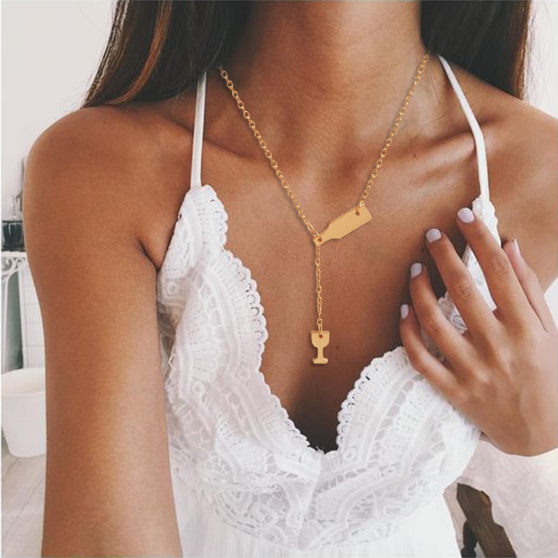 Beer Cup Long Pendant Necklace For Women Wine Bottle Gold Silver Color Triangle Statement Necklace Party Jewelry Gift