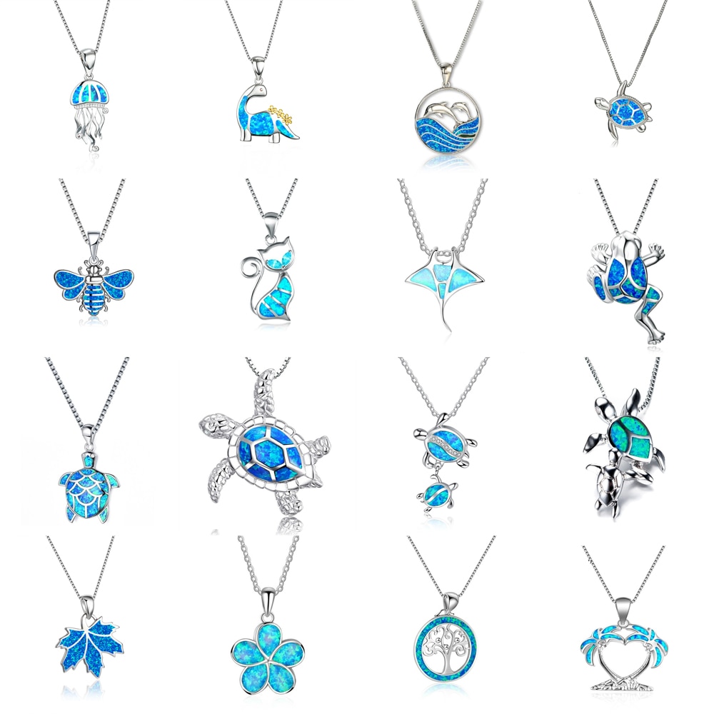 Bohemia Blue Imitation Opal Cute Jellyfish Pendant Necklace For Women Charm Crystal Sun Flower Necklaces Jewelry Gift for Women