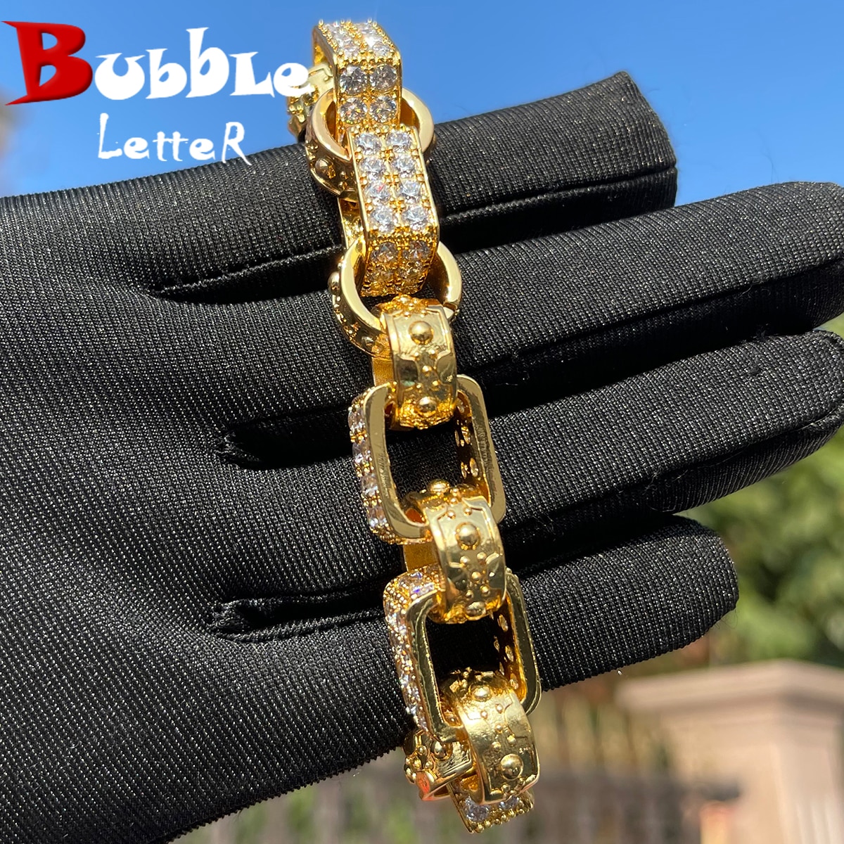 Bubble Letter 14mm Box Link Men's Bracelet Iced Out Cubic Zirconia Prong Setting Fashion Hip Hop Punk Jewelry 2023 Trending Gift