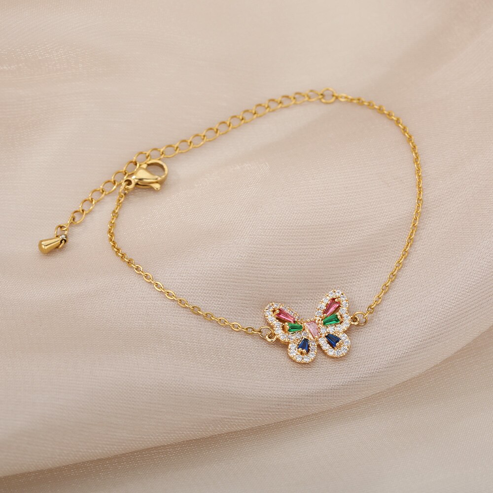 Colorful Zircon Butterfly Bracelets For Women Sweet Zircon Stainless Steel Chain Bracelet Bangle Animal Boho Jewelry Gift