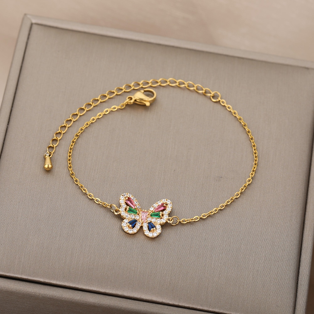 Colorful Zircon Butterfly Bracelets For Women Sweet Zircon Stainless Steel Chain Bracelet Bangle Animal Boho Jewelry Gift
