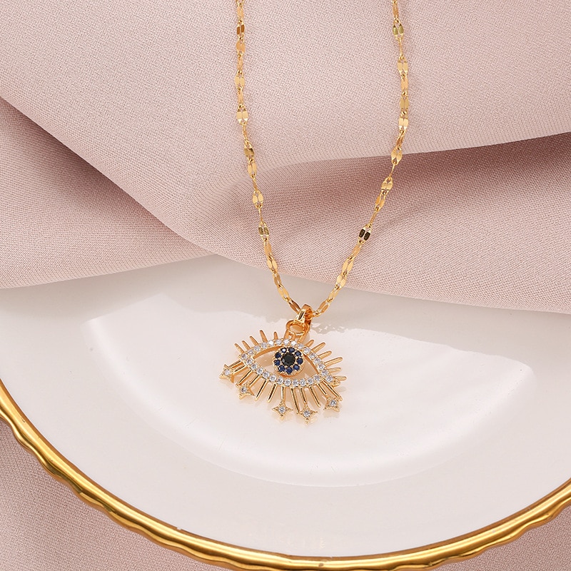 DIEYURO 316L Stainless Steel Evil Eye Zircon Necklace For Women Fashion Girls Clavicle Chain Vintage Female Body Jewelry Gift