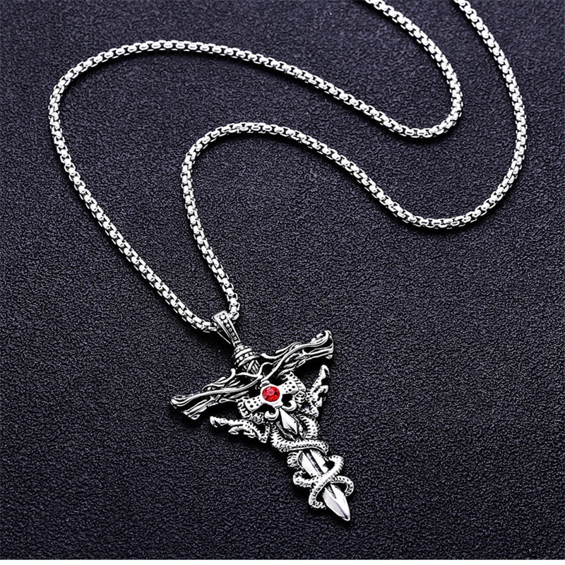 Fashion Double Dragon Sword Titanium Steel Necklace Pendant Retro Punk Cross Lucky Fortune Men's Accessories Jewelry Gift 2022