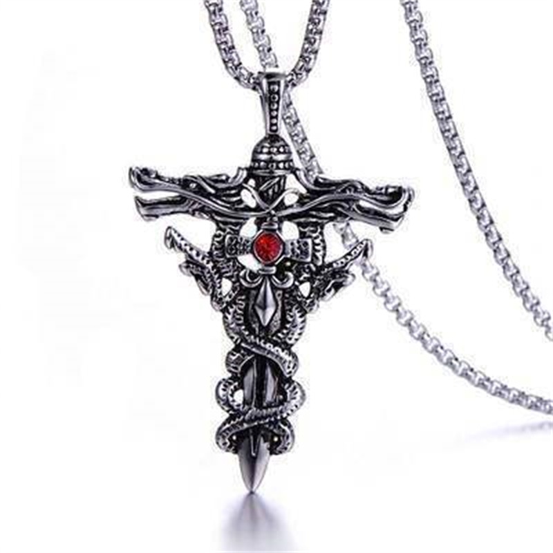 Fashion Double Dragon Sword Titanium Steel Necklace Pendant Retro Punk Cross Lucky Fortune Men's Accessories Jewelry Gift 2022