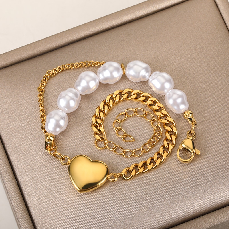 Fashion Double Layer Pearl Bracelet Crystal Heart Pendant Bracelet For Women Stainless Steel Party Bride Jewelry Gift 2022