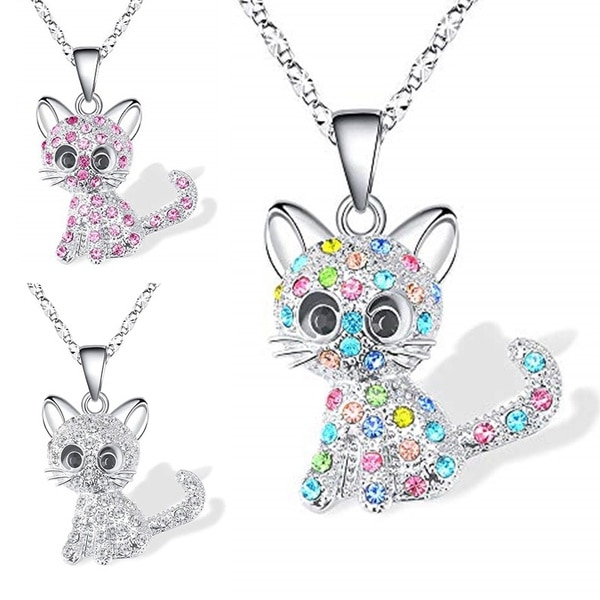 Girls Cute Cat Pendant Necklace for Women Children Fashion Colorful Crystal Cartoon Animal Necklaces Jewelry Gifts
