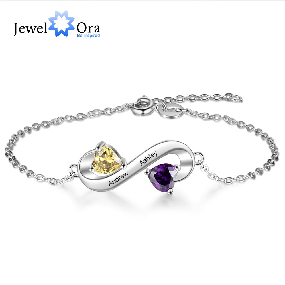 Personalized Infinity Bracelet with Heart Birthstone Custom 2 Names Engraved Bracelets Gift for Best friend (JewelOra BA102564)