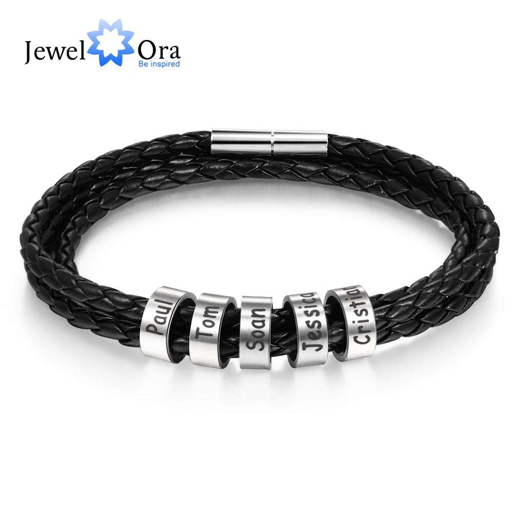 Personalized Stainless Steel Braided Rope Charm Bracelets Custom Men Leather Bracelets with 2-5 Names Beads Gift for Boyfriend