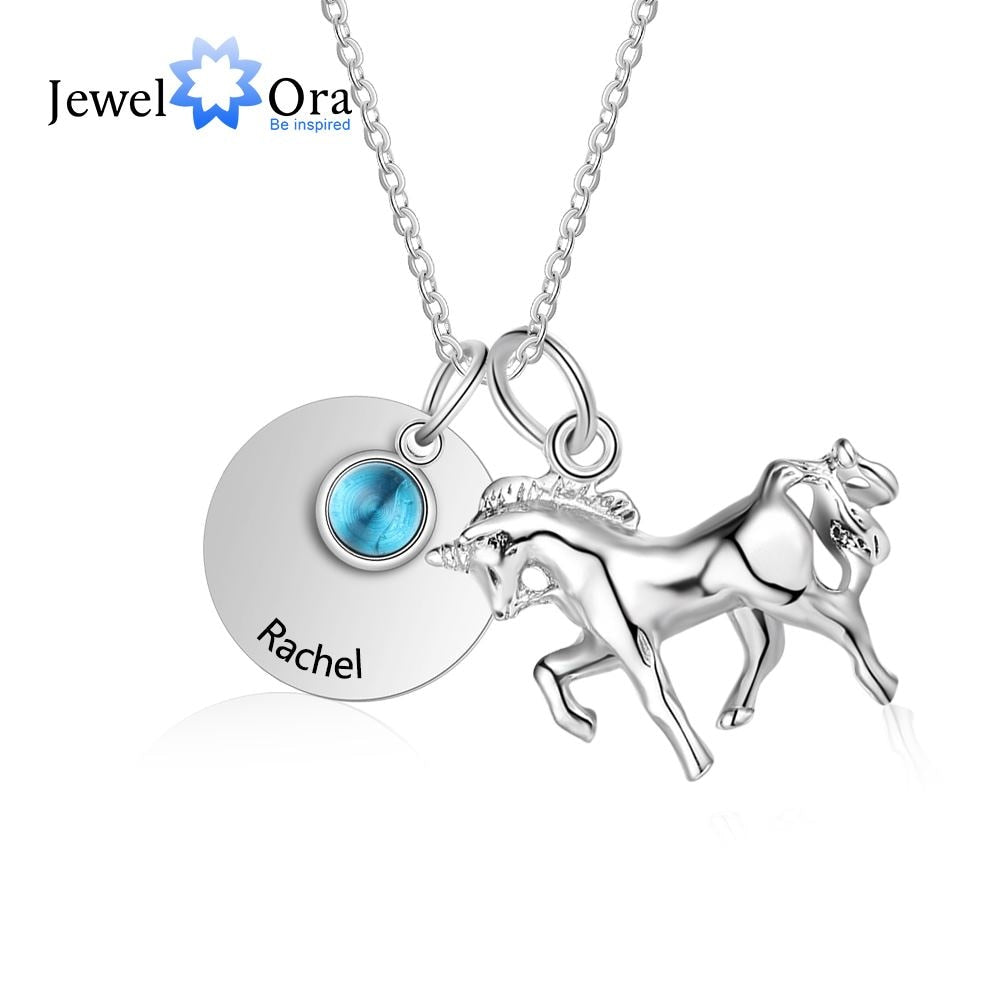 Customized Birthstone Round Metal & Horse Pendant Necklace Personalized Engraved Custom Name Jewelry Gift (JewelOra NE103215)