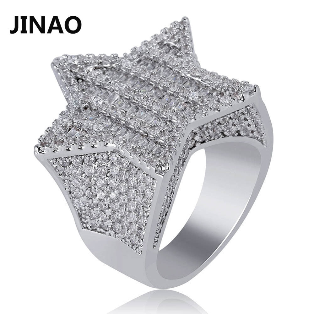 JINAO New Design Gold Color Five-pointed Star Ring Micro Paved Big Zircon Shiny Hip Hop Finger Ring for Men Women Gift