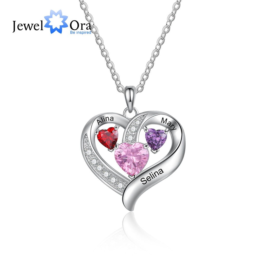JewelOra Romantic Personalized Name Engraved Heart Necklaces for Women Customized 3 Birthstone Necklace Valentines Gift for Her