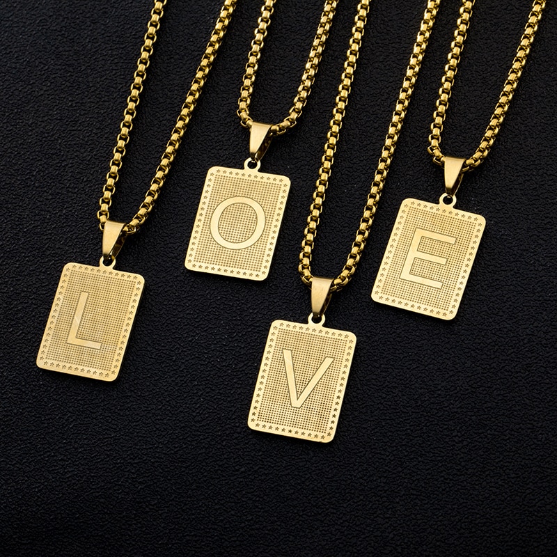 Hip Hop Fashion Square Letters Pendant Necklace for Men Stainless Steel Gold/Steel Color Rock style Letter Alphabet Jewelry Gift