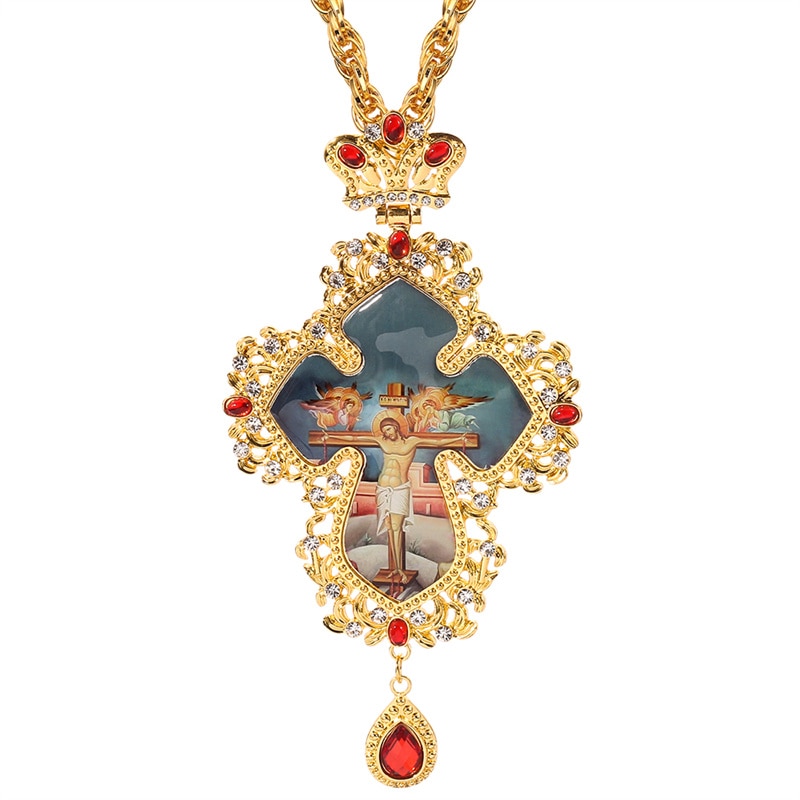 Latest Design Catholic Orthodox Cross Pendant Necklace Jesus Crucifix Rhinestones Cross Chain Handmade Jewelry Gift