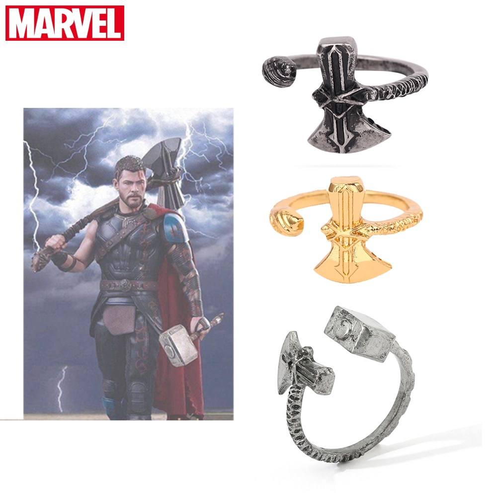 Marvel Superhero Thor Ring Retro Open Adjustable Ring Party Jewellery Avengers Thor Hammer Stormbreaker Rings Fans Gift