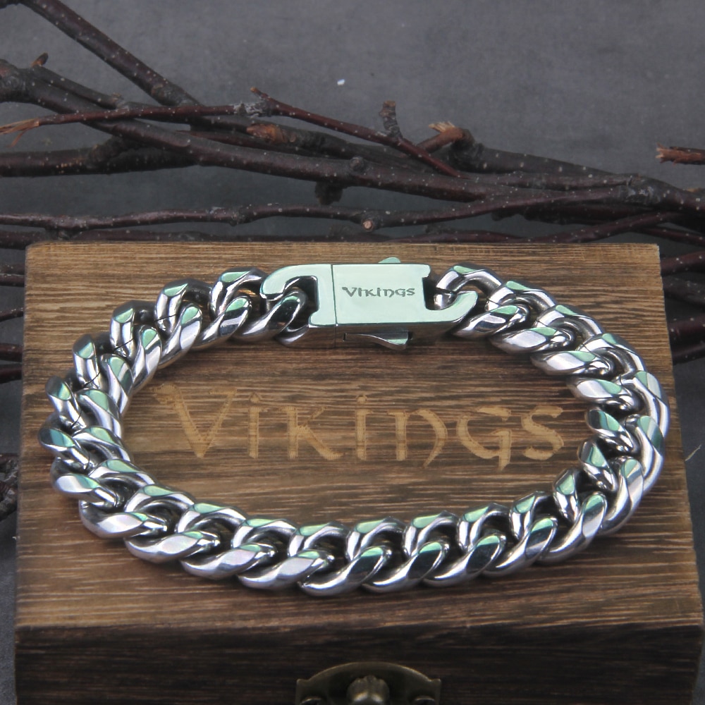 Never Fade Stainless Steel Vikings Bracelets For Men Blank Color Punk Curb Cuban Link Chain Bracelets with gift wooden box