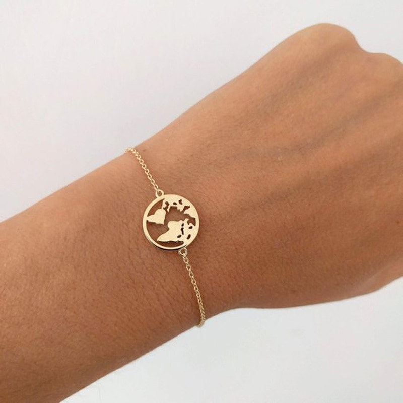 Stainless Steel World Map Bracelets For Women Travel Jewellery Rose Chain Friendship Sister Gifts Globe Bracelet Femme BFF
