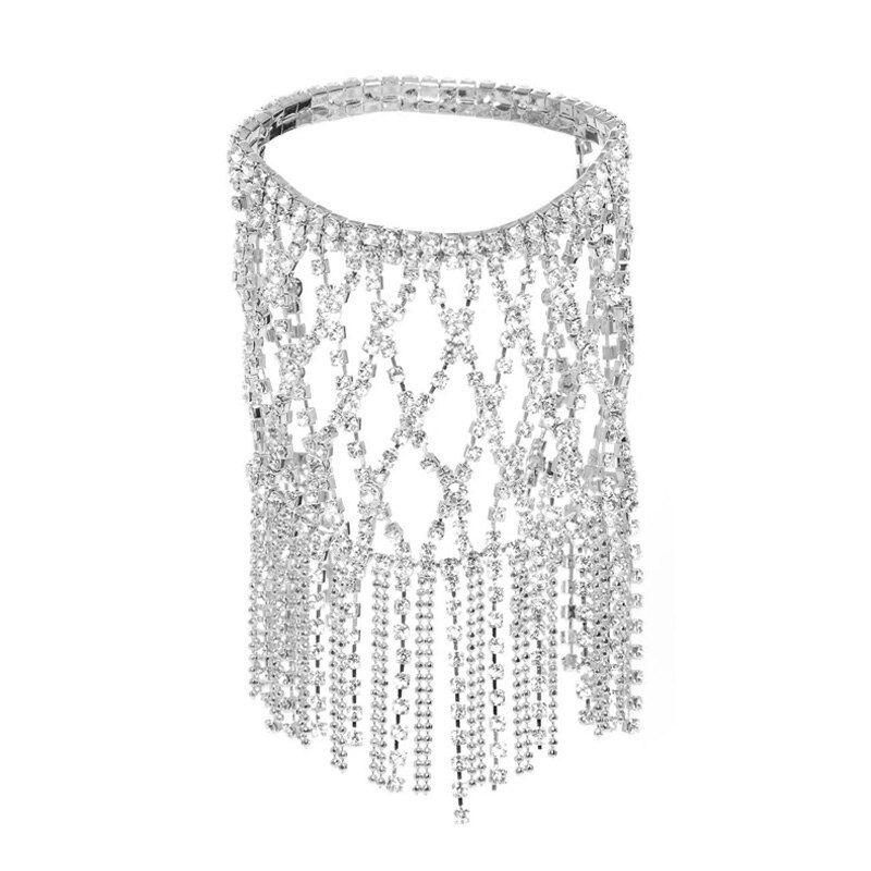 Stonefans Bohomian Rhinestone Tassel Bracelet Hand Jewelry for Women Hollow Out Statement Bridal Crystal Bracelet Wedding Gift