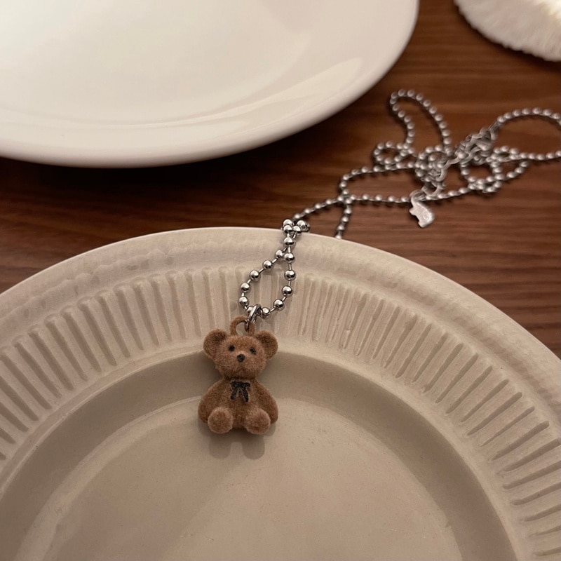 Teddy Bear Pendant Chain Necklace for Girls Women Korean Fashion Bear Long Sweater Neck Chain Necklaces Cute Collar Jewelry Gift