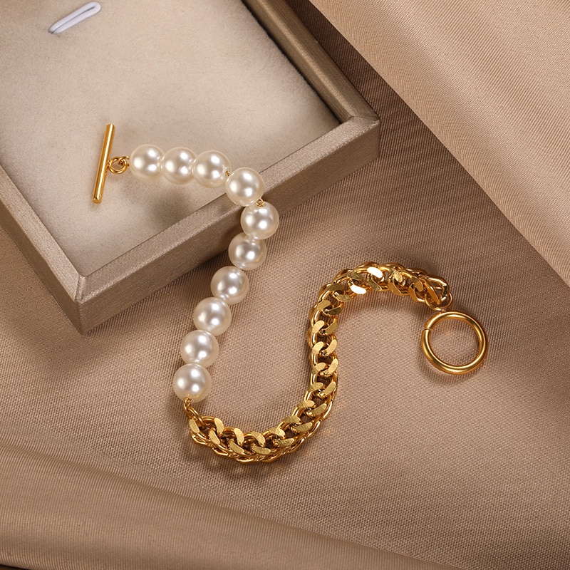 Vintage Cuban Chain Bracelets For Women Stainless Steel Geometric Pearl Bracelets pulseras korean Jewelry Girls Gifts