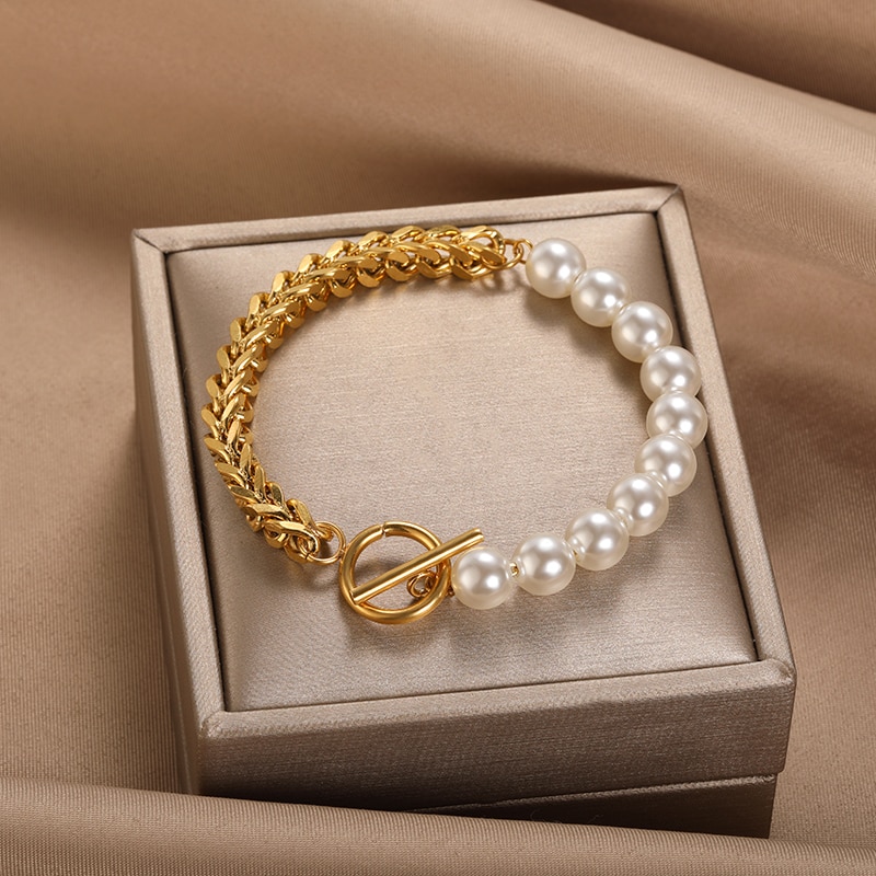 Vintage Cuban Chain Bracelets For Women Stainless Steel Geometric Pearl Bracelets pulseras korean Jewelry Girls Gifts