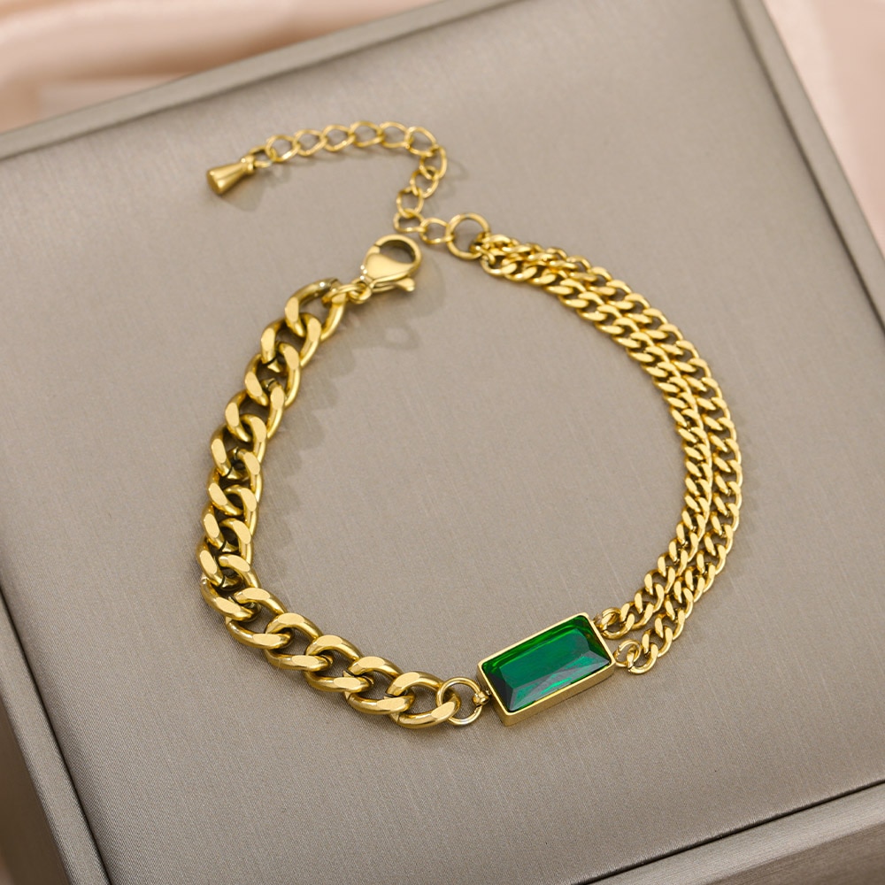 Vintage Emerald Bracelet For Women Stainless Steel Charm Cuban Chain CZ Bracelets BFF Wedding Couple Jewerly Gift pulseras mujer