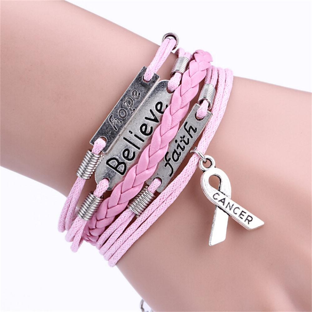 Women Chain Bracelet Multi-layer Leather Rope Handmade Pink Ribbon Breast Cancer Awareness Bracelet Jewelry Gift