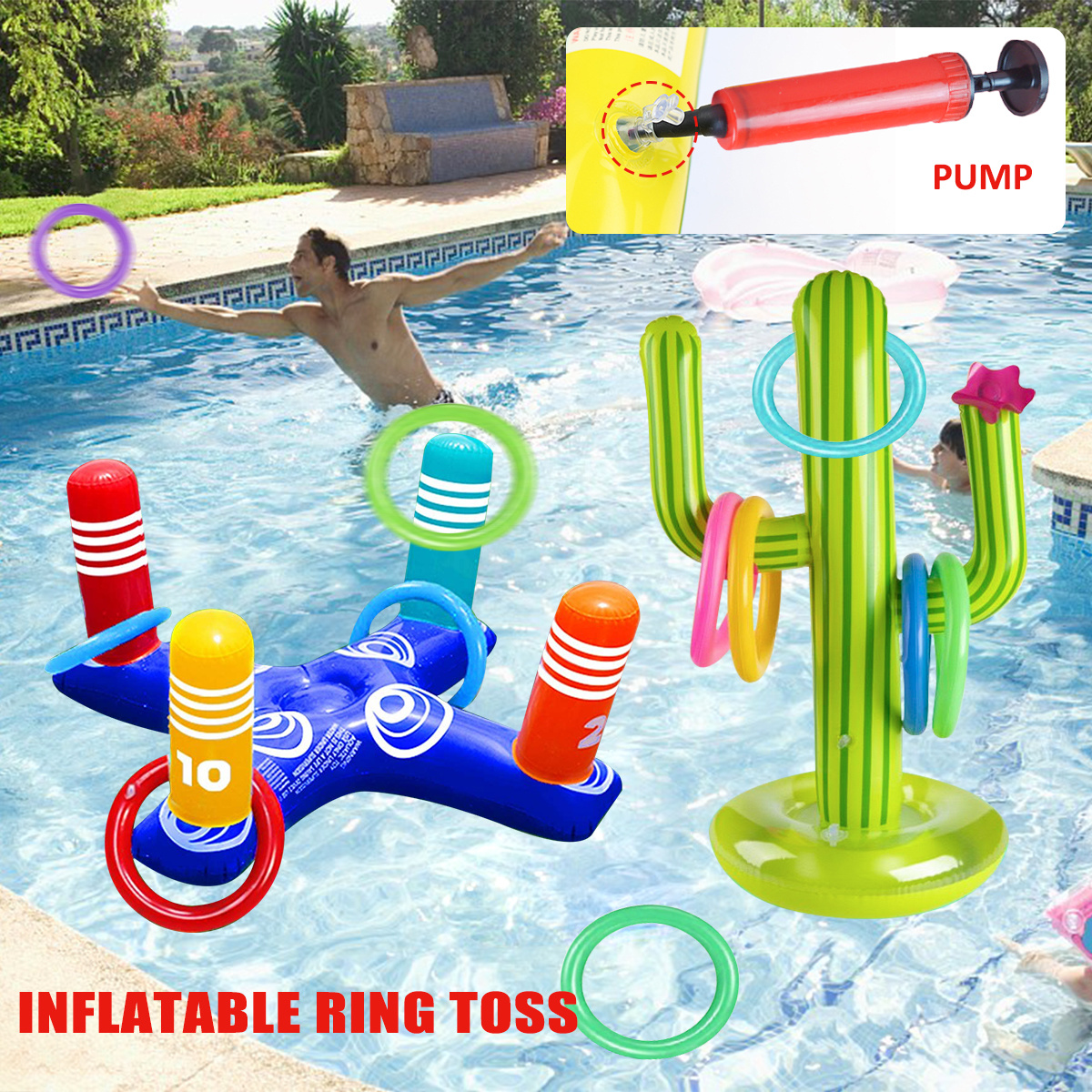 2PCS Inflatable Pool Ring Toss Game Floating Swimming Pool Cactus Ring Toys Set