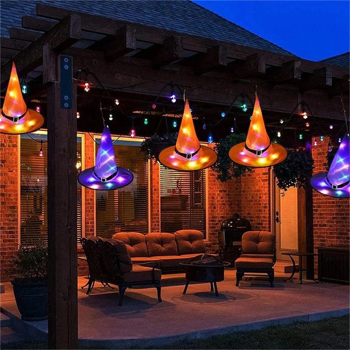 8PCS Halloween Hanging Lighted Glowing LED Witch Hats for Indoor Outdoor Tree Yard Garden Porch