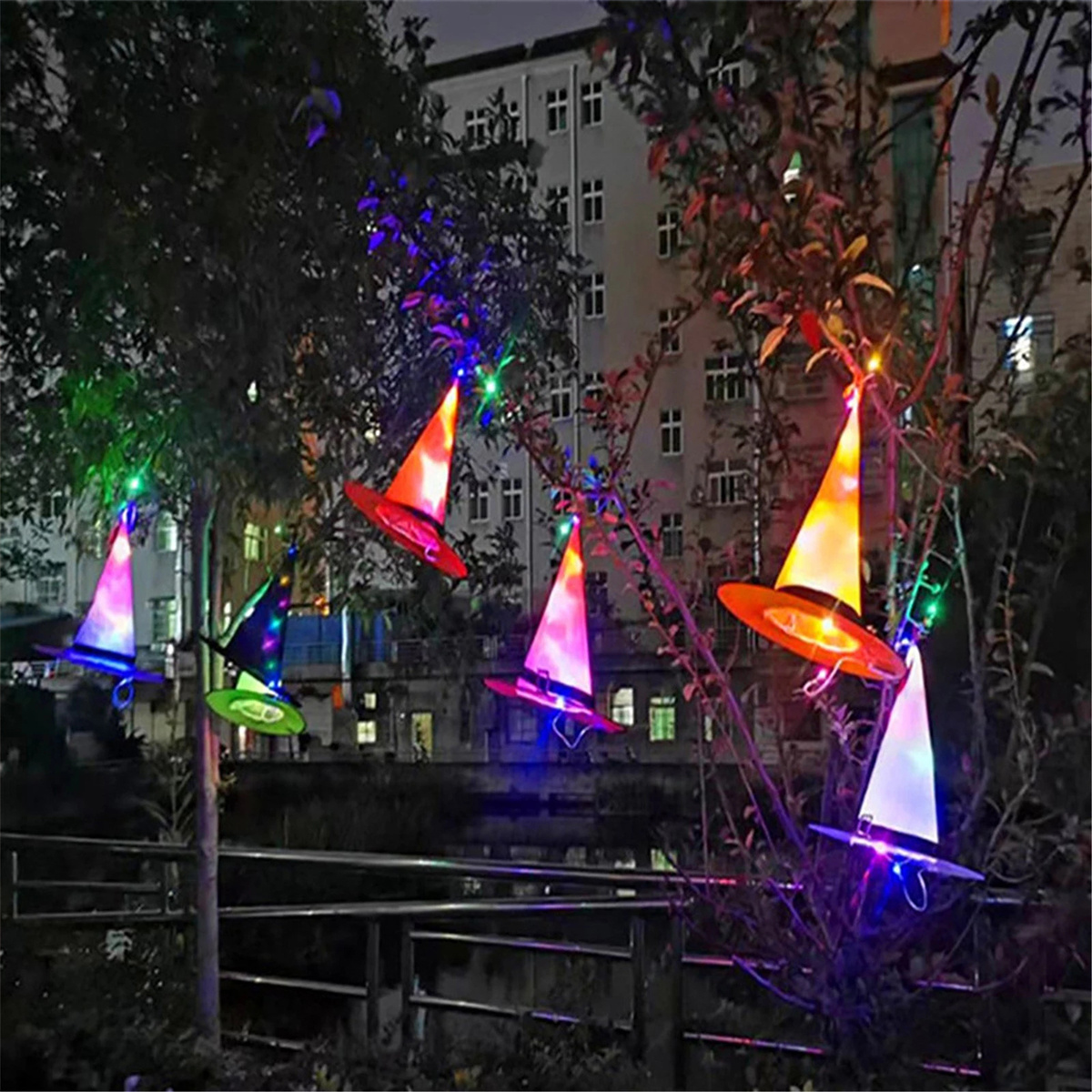 8PCS Halloween Hanging Lighted Glowing LED Witch Hats for Indoor Outdoor Tree Yard Garden Porch