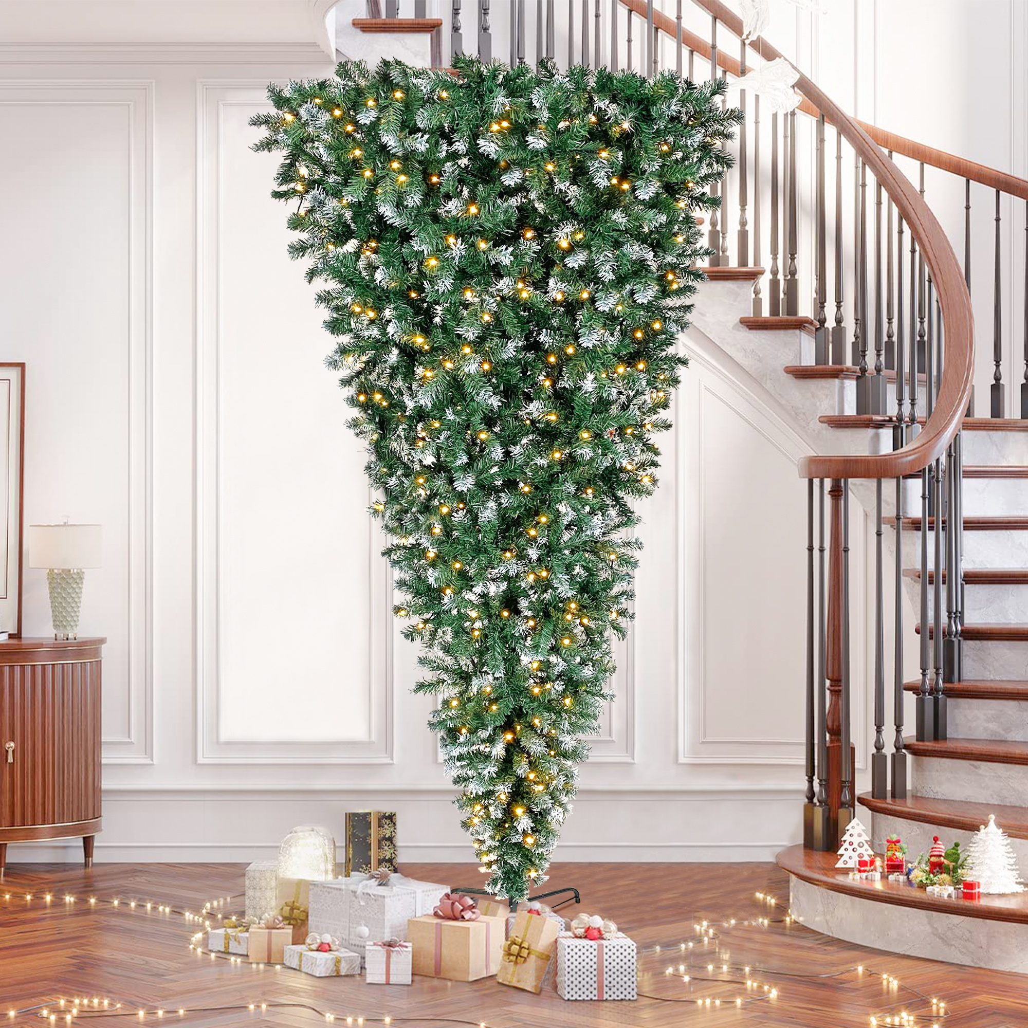 Upside Down Green Christmas Tree; Xmas Tree with LED Warm White Lights; Green leaves with part spraying White; Reinforced Metal Base & Easy Assembly 7.4ft X-mas