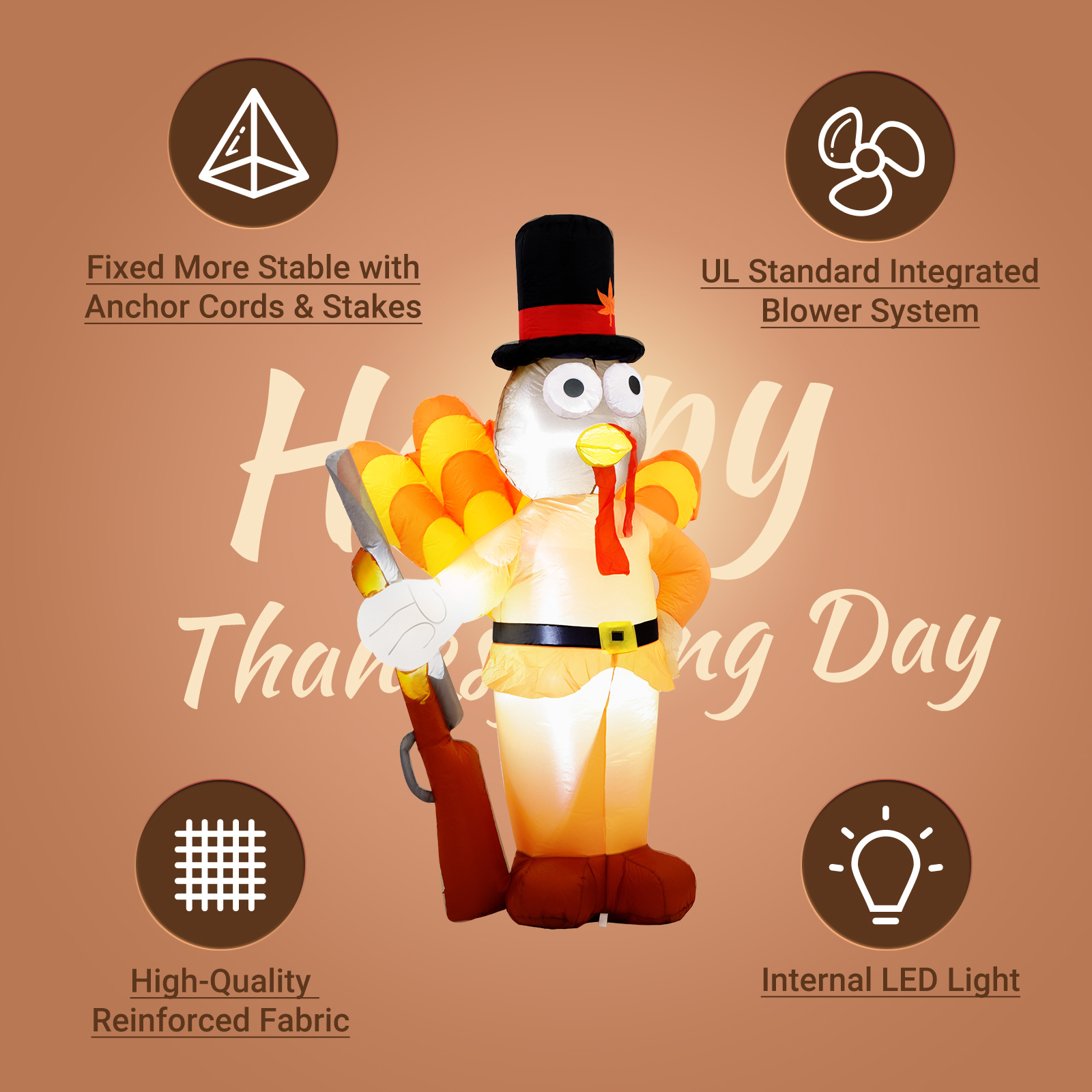 6FT Turkey Soldier with Hat and Gun; Thanksgiving Day Inflatable Decoration; Built-in LED Autumn Decoration; Indoor Yard Holiday Season; Quick Air Blown; Orange