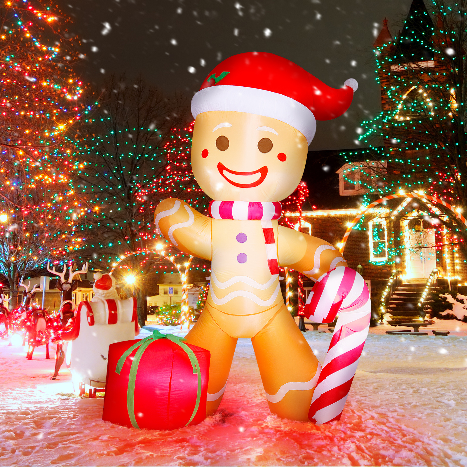 8FT Inflatable Christmas Decorations Gingerbread Man; Giant Gingerbread Decor; Xmas Inflatable Ornament Decoration with Build-in LED; Brown