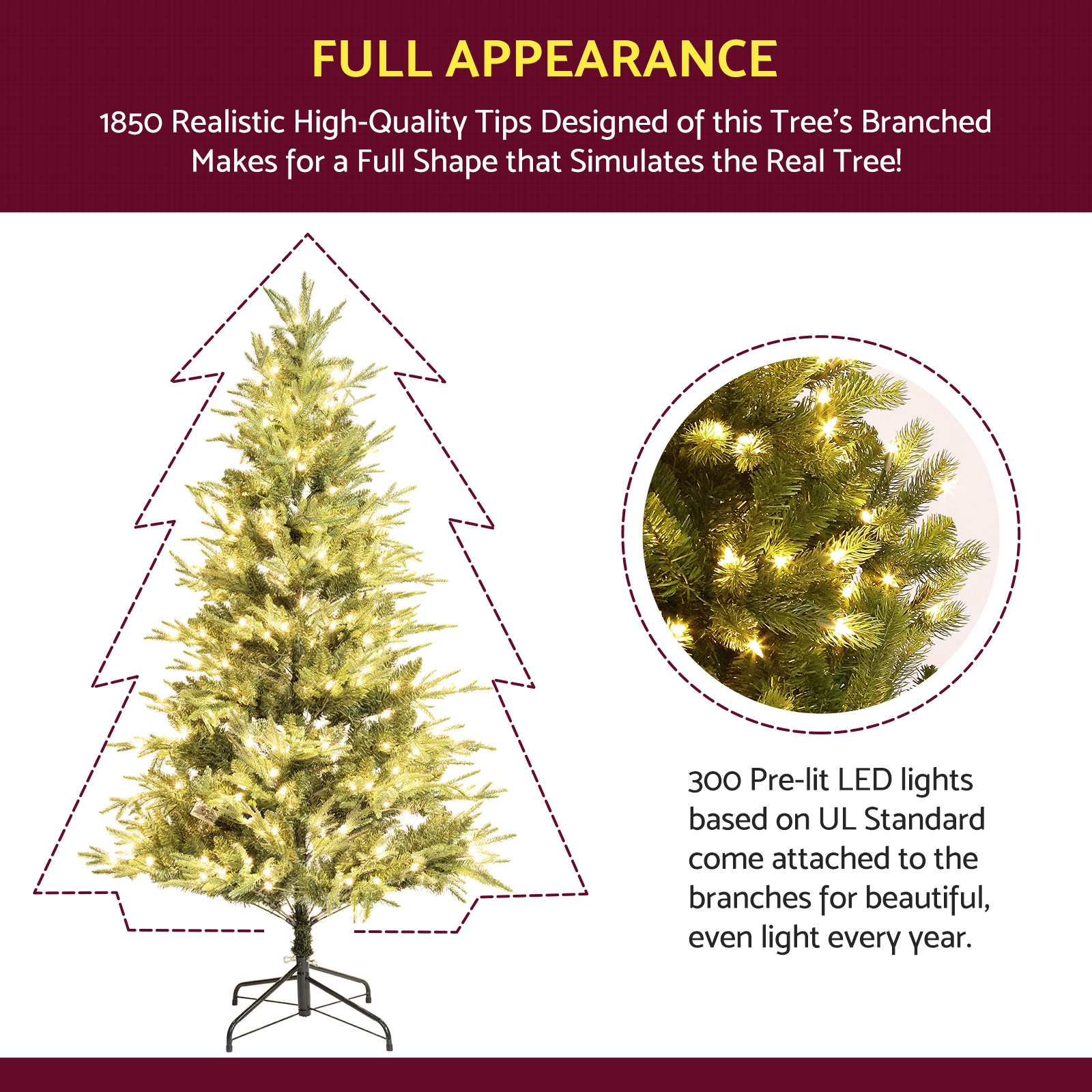 6.5FT Pre-lit Artificial Christmas Tree with 300 Lights; Includes Pre-Strung White Lights & Stand