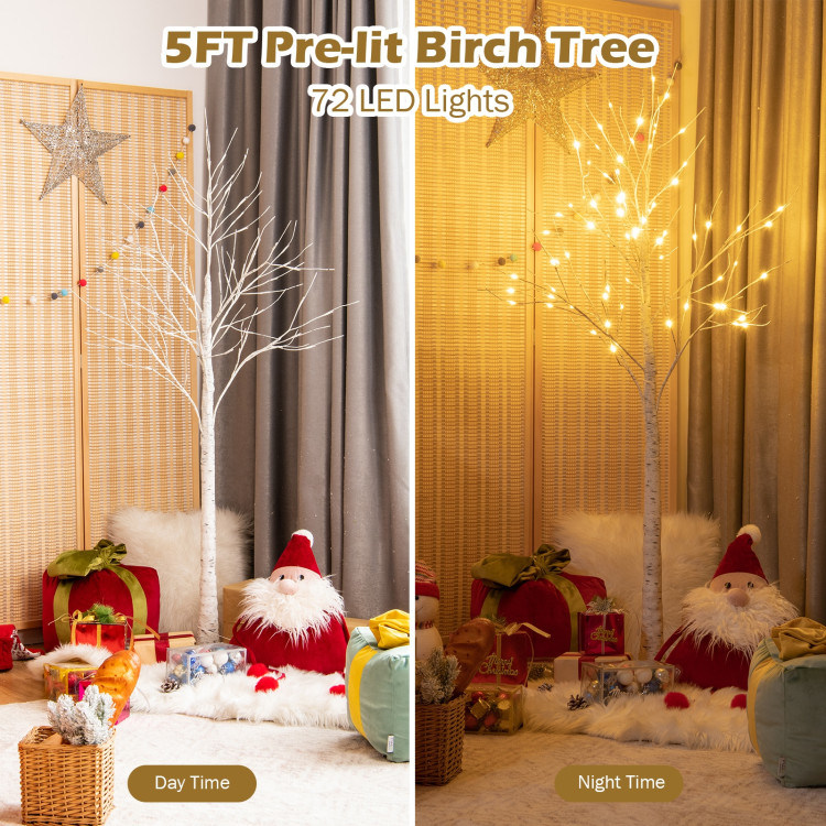 5 Feet Pre-lit White Twig Birch Tree with 72 LED Lights for Christmas