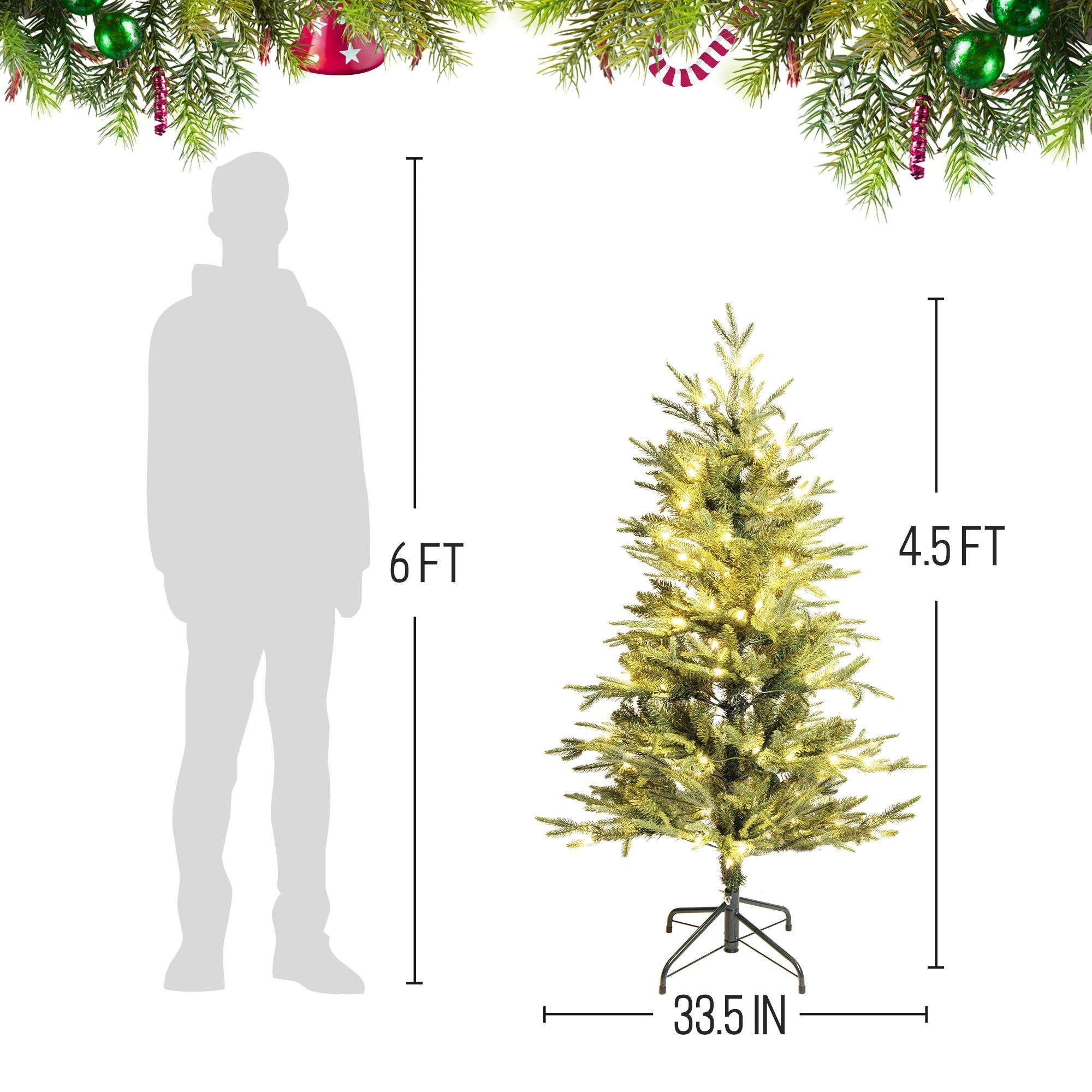 4.5FT Pre-lit Artificial Christmas Tree with 100 UL Clear Lights; Realistic Tree Full Lifelike Shape Lush Branches; Includes Pre-Strung White Lights & Stand
