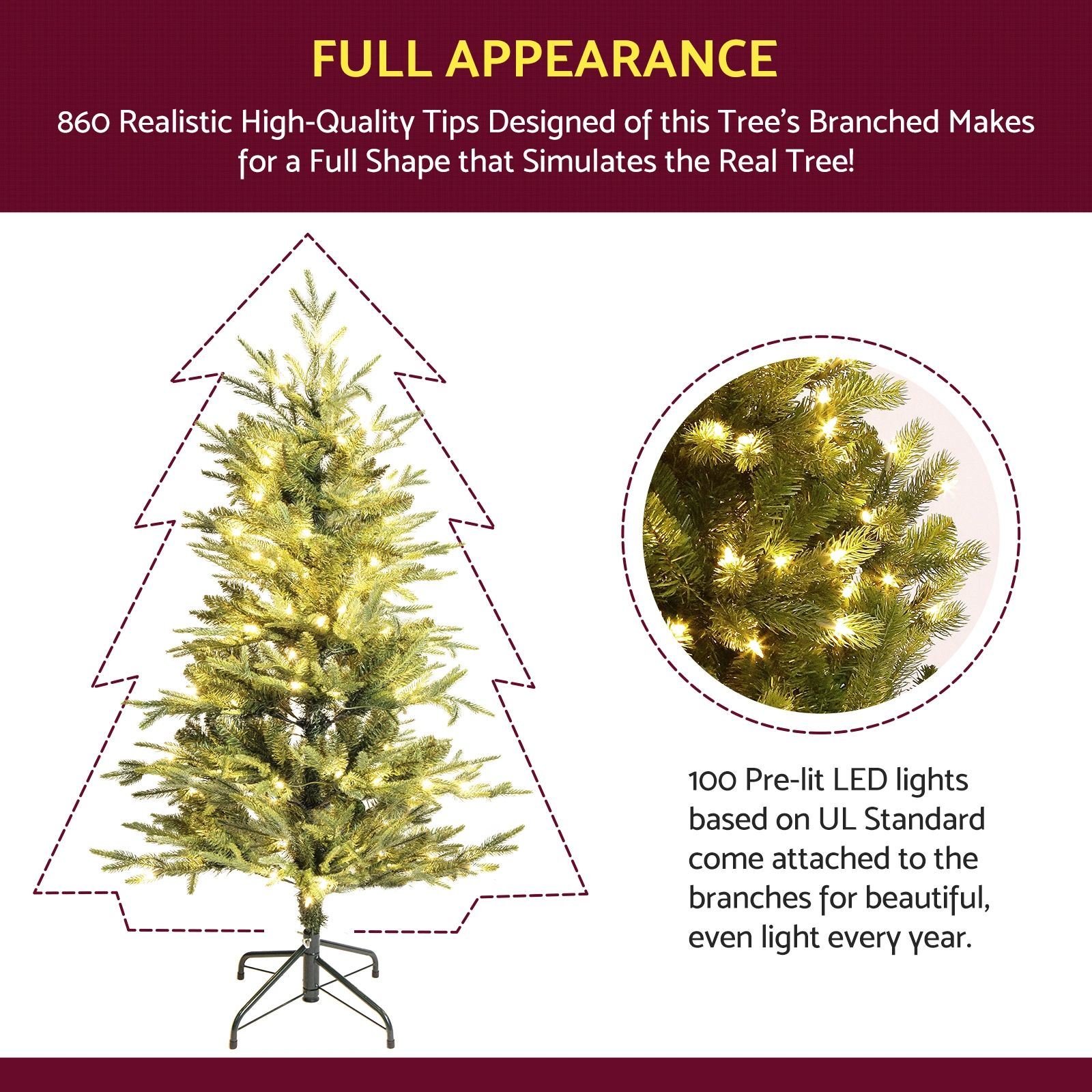 4.5FT Pre-lit Artificial Christmas Tree with 100 UL Clear Lights; Realistic Tree Full Lifelike Shape Lush Branches; Includes Pre-Strung White Lights & Stand