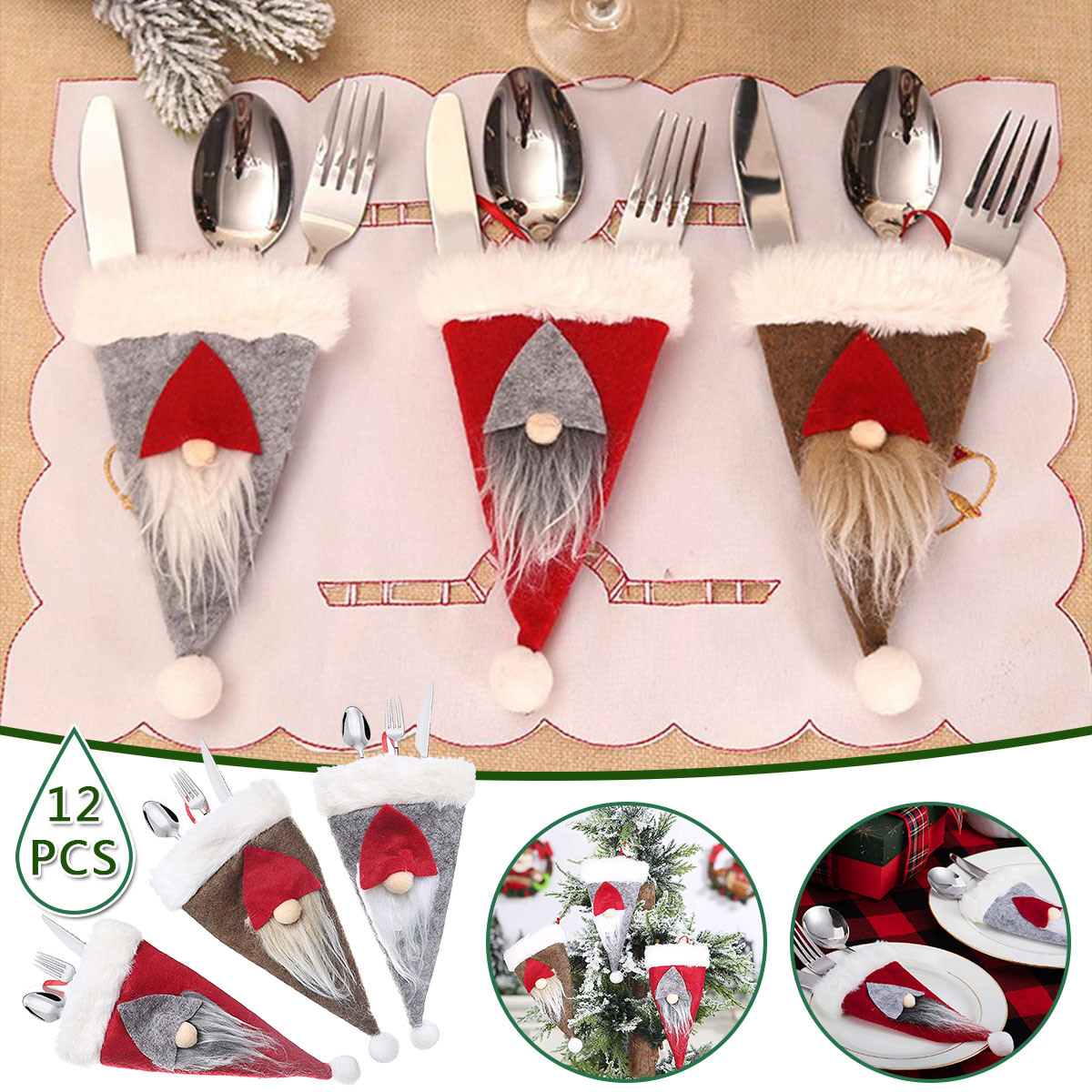 12PCS Christmas Gnome Plush Cutlery Holders Knife Fork Pockets Silverware Holder
