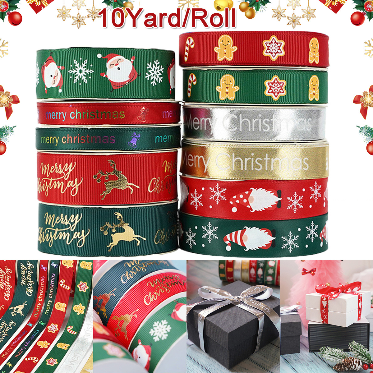 12Rolls Christmas Grosgrain Ribbons Snowflake Printed Satins for Gift Wrapping