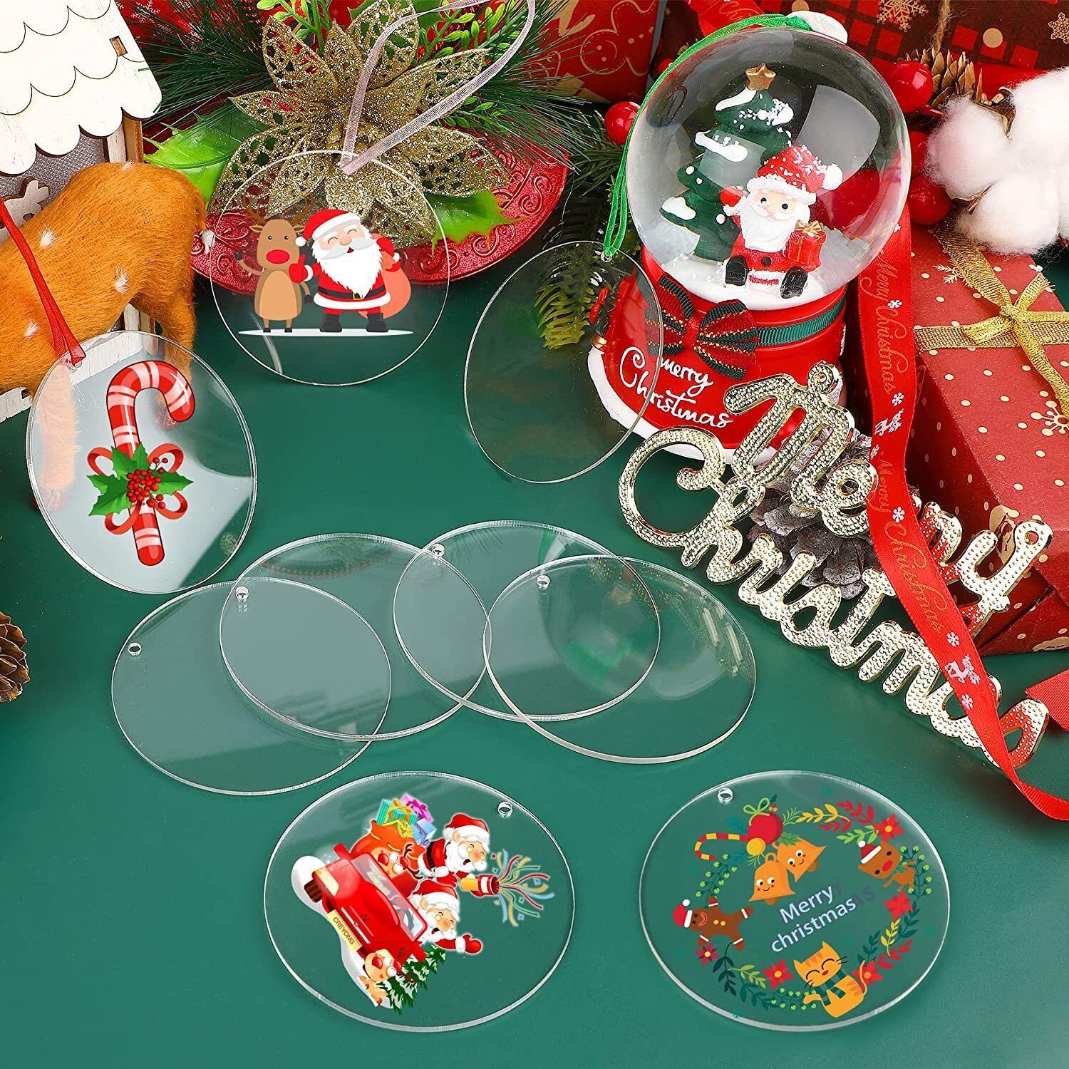 40PCS Christmas Blank Round Acrylic Circle with Ribbons DIY Hanging Ornaments