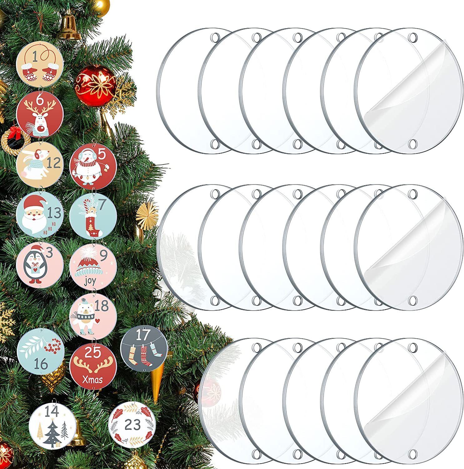 40PCS Christmas Blank Round Acrylic Circle with Ribbons DIY Hanging Ornaments