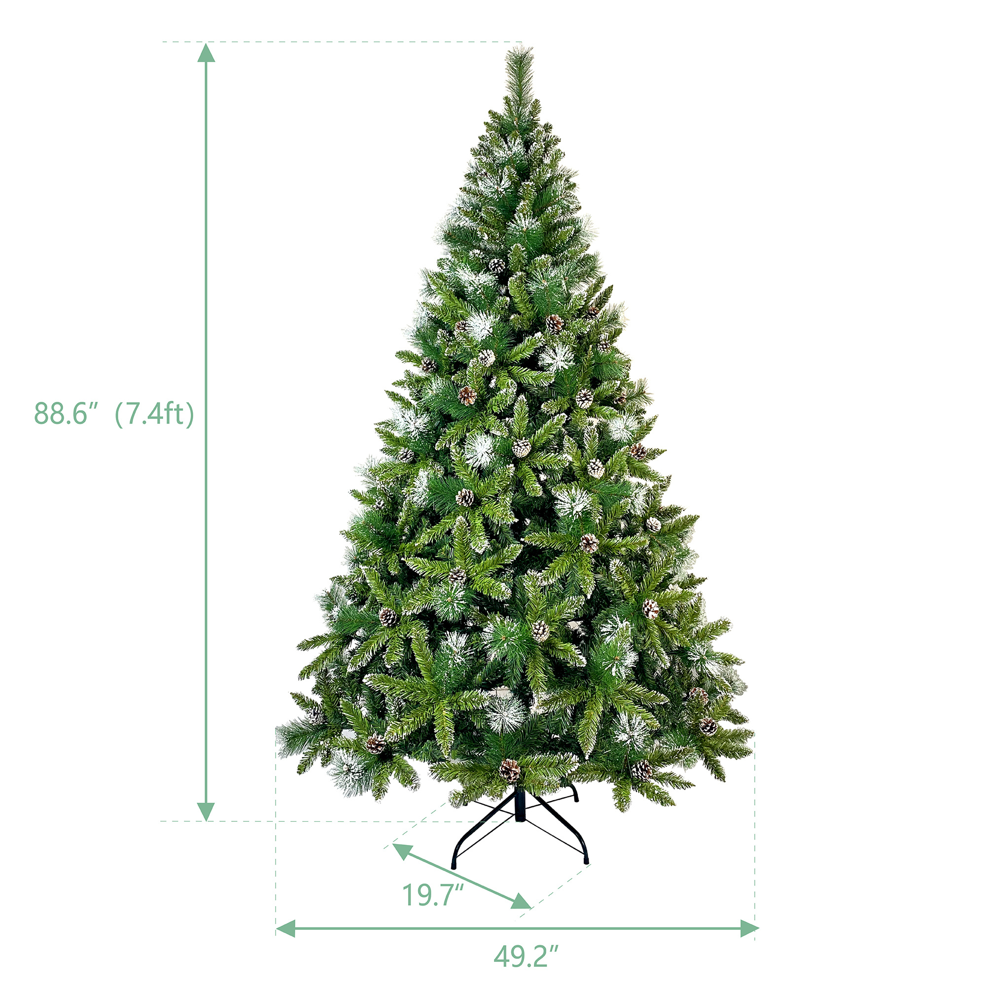 7.4ft Christmas Tree, Decorated with 65 Pine Cones and Realistic over 1300 Thicken Tips, Hinged, with Metal Stand, Easy Assembly, for Indoor and Outdoor Use.