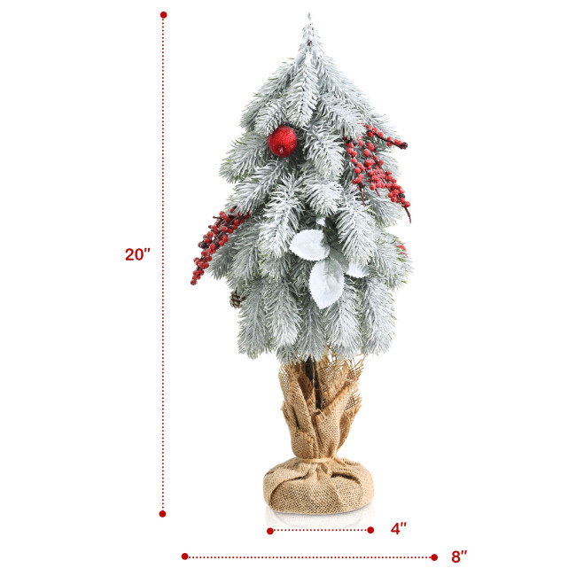 19 Inch Snow Flocked Christmas Tree with Pine Cones and Red Berries