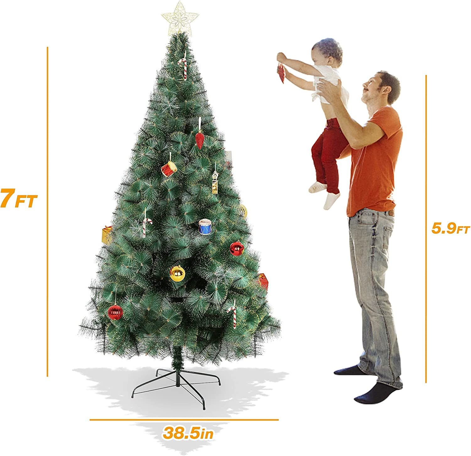 7' Classic Pine Needle Tree Encrypted Artificial Christmas Tree Natural Branch with Solid Metal Bracket, Coniferous with Golden Highlights